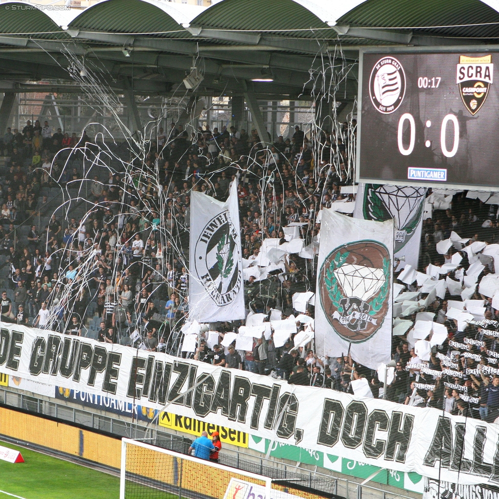 Sturm Graz - Altach
Oesterreichische Fussball Bundesliga, 28. Runde, SK Sturm Graz - SCR Altach, Stadion Liebenau Graz, 11.04.2015. 

Foto zeigt Fans von Sturm mit einer Choreografie
