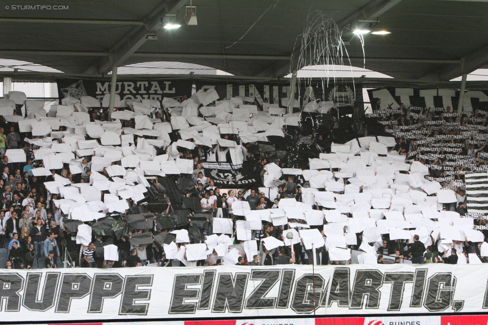 Sturm Graz - Altach
Oesterreichische Fussball Bundesliga, 28. Runde, SK Sturm Graz - SCR Altach, Stadion Liebenau Graz, 11.04.2015. 

Foto zeigt Fans von Sturm mit einer Choreografie
