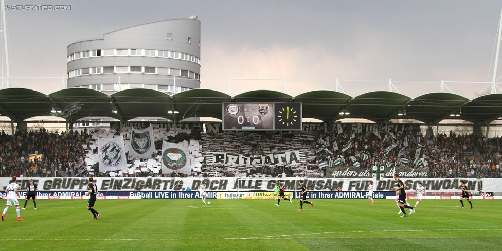 Sturm Graz - Altach
Oesterreichische Fussball Bundesliga, 28. Runde, SK Sturm Graz - SCR Altach, Stadion Liebenau Graz, 11.04.2015. 

Foto zeigt Fans von Sturm mit einer Choreografie
