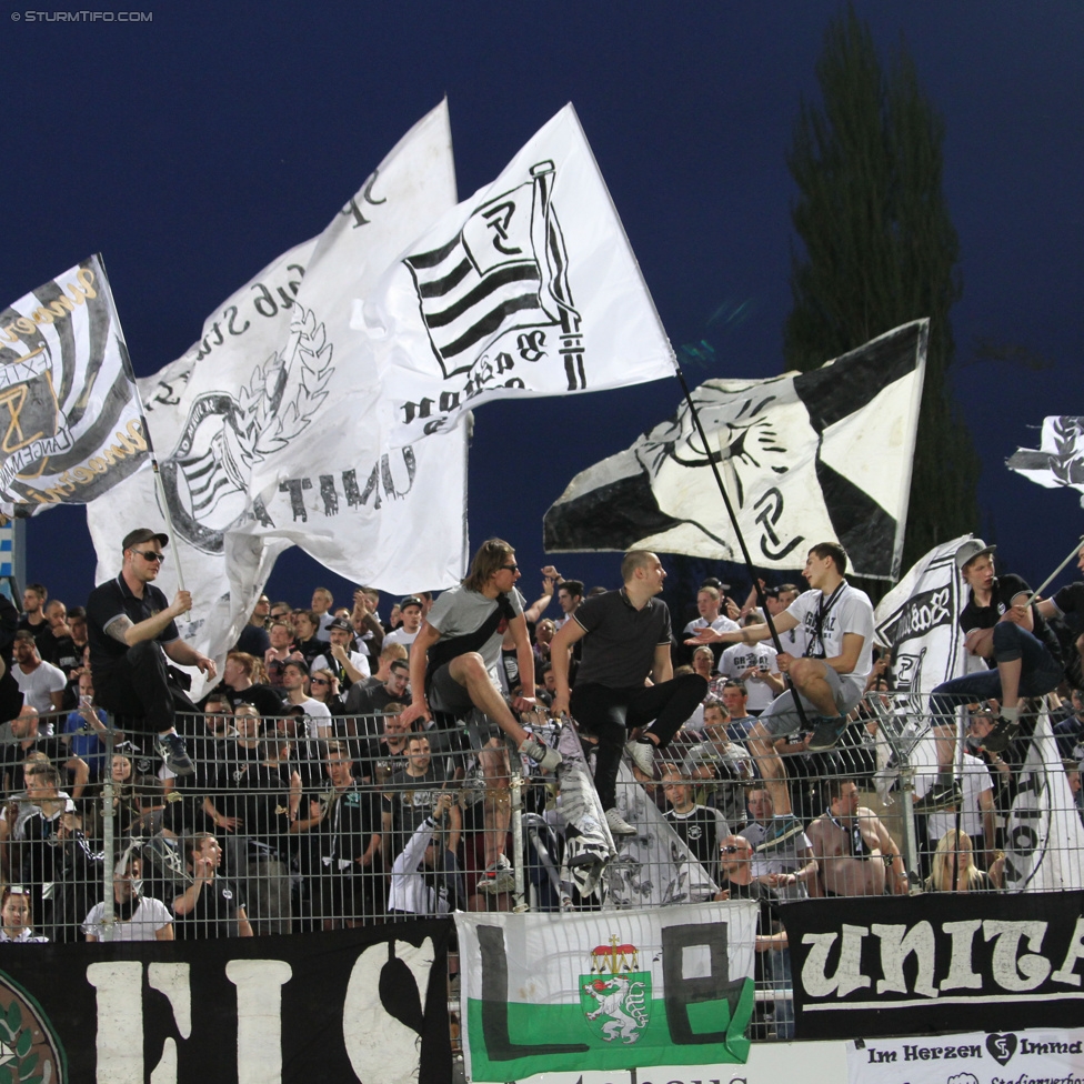 Wr. Neustadt - Sturm Graz
Oesterreichische Fussball Bundesliga, 30. Runde, SC Wiener Neustadt - SK Sturm Graz, Stadion Wiener Neustadt, 25.04.2015. 

Foto zeigt Fans von Sturm
