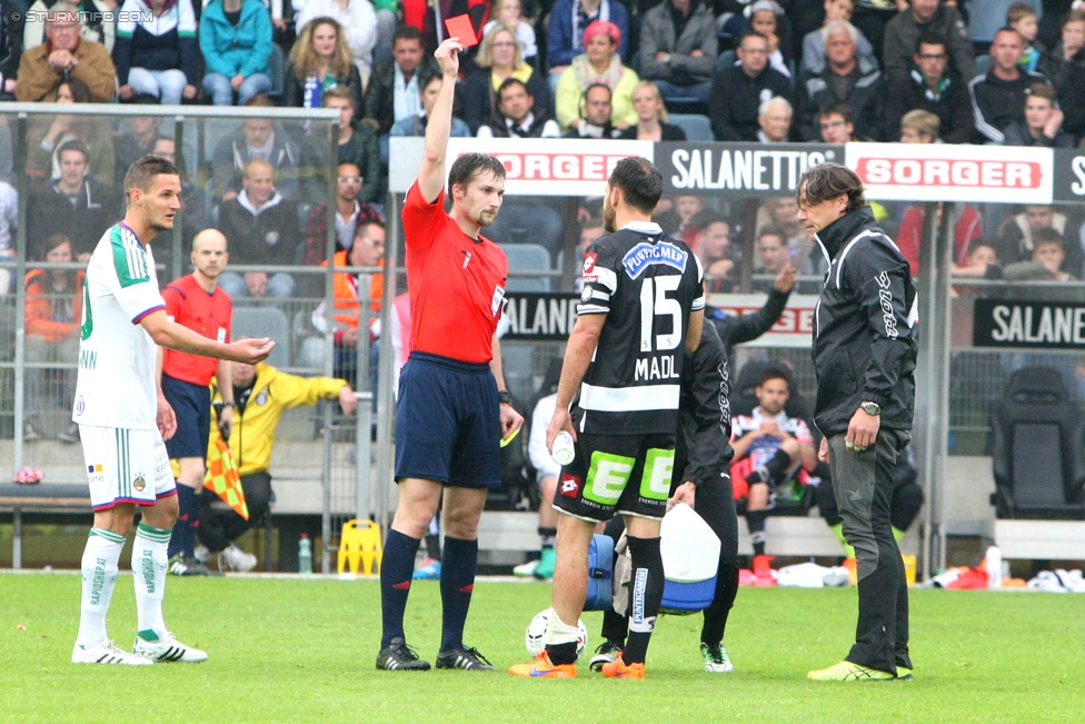 Sturm Graz - Rapid Wien
Oesterreichische Fussball Bundesliga, 31. Runde, SK Sturm Graz - SK Rapid Wien, Stadion Liebenau Graz, 03.05.2015. 

Foto zeigt Schiedsrichter Dominik Ouschan und Michael Madl (Sturm)
Schlüsselwörter: rote