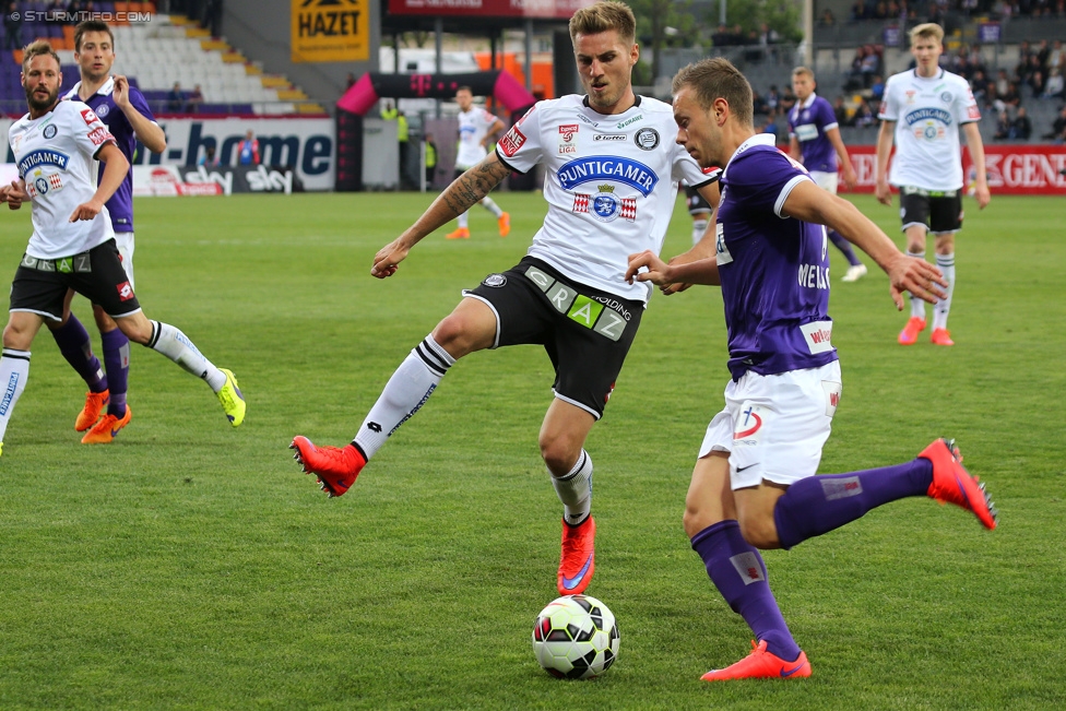 Austria Wien - Sturm Graz
Oesterreichische Fussball Bundesliga, 32. Runde, FK Austria Wien - SK Sturm Graz, Franz-Horr-Stadion Wien, 09.05.2015. 

Foto zeigt Thorsten Schick (Sturm) und Marco Meilinger (Austria)
