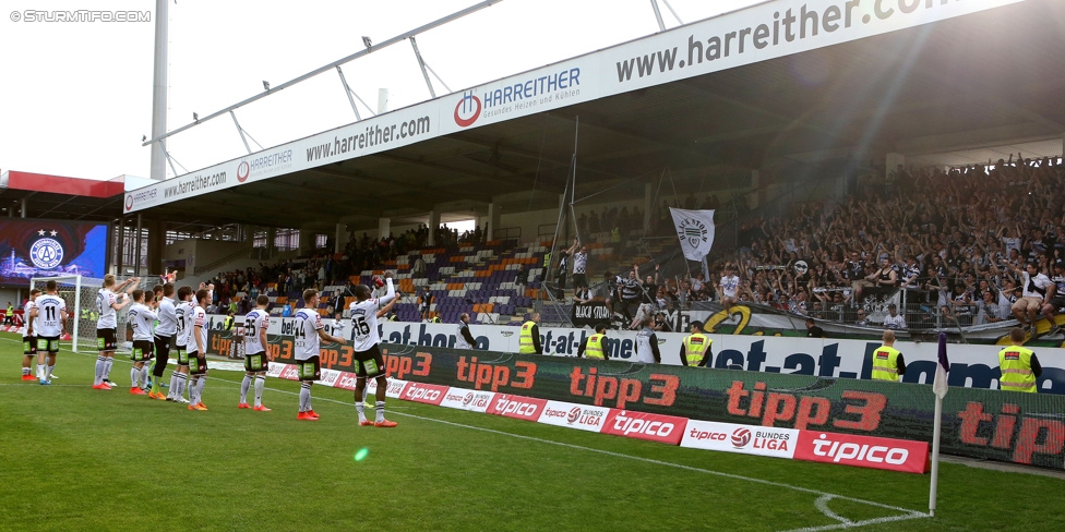 Austria Wien - Sturm Graz
Oesterreichische Fussball Bundesliga, 32. Runde, FK Austria Wien - SK Sturm Graz, Franz-Horr-Stadion Wien, 09.05.2015. 

Foto zeigt die Mannschaft von Sturm und Fans von Sturm
Schlüsselwörter: jubel