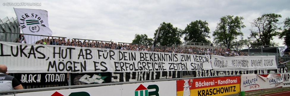 Wolfsberg - Sturm Graz
Oesterreichische Fussball Bundesliga, 33. Runde, Wolfsberger AC - SK Sturm Graz, Lavanttal Arena Wolfsberg, 16.05.2015. 

Foto zeigt Fans von Sturm mit Spruchband
