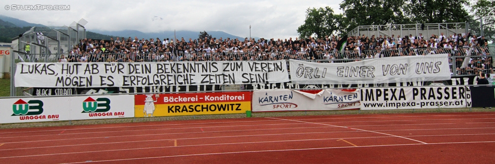 Wolfsberg - Sturm Graz
Oesterreichische Fussball Bundesliga, 33. Runde, Wolfsberger AC - SK Sturm Graz, Lavanttal Arena Wolfsberg, 16.05.2015. 

Foto zeigt Fans von Sturm mit Spruchband
