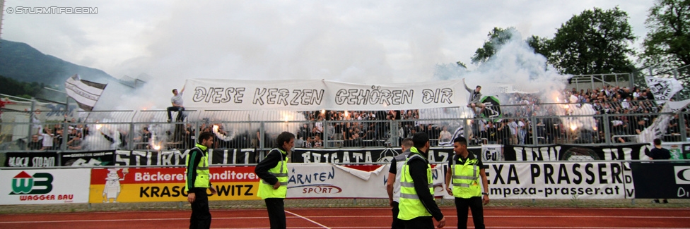 Wolfsberg - Sturm Graz
Oesterreichische Fussball Bundesliga, 33. Runde, Wolfsberger AC - SK Sturm Graz, Lavanttal Arena Wolfsberg, 16.05.2015. 

Foto zeigt Fans von Sturm mit Spruchband
