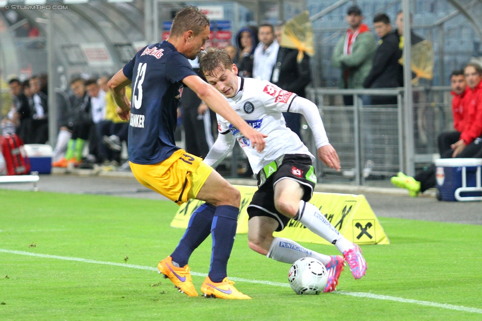 Sturm Graz - RB Salzburg
Oesterreichische Fussball Bundesliga, 34. Runde, SK Sturm Graz - FC RB Salzburg, Stadion Liebenau Graz, 20.05.2015. 

Foto zeigt Stefan Ilsanker (Salzburg) und Marc Andre Schmerboeck (Sturm)
