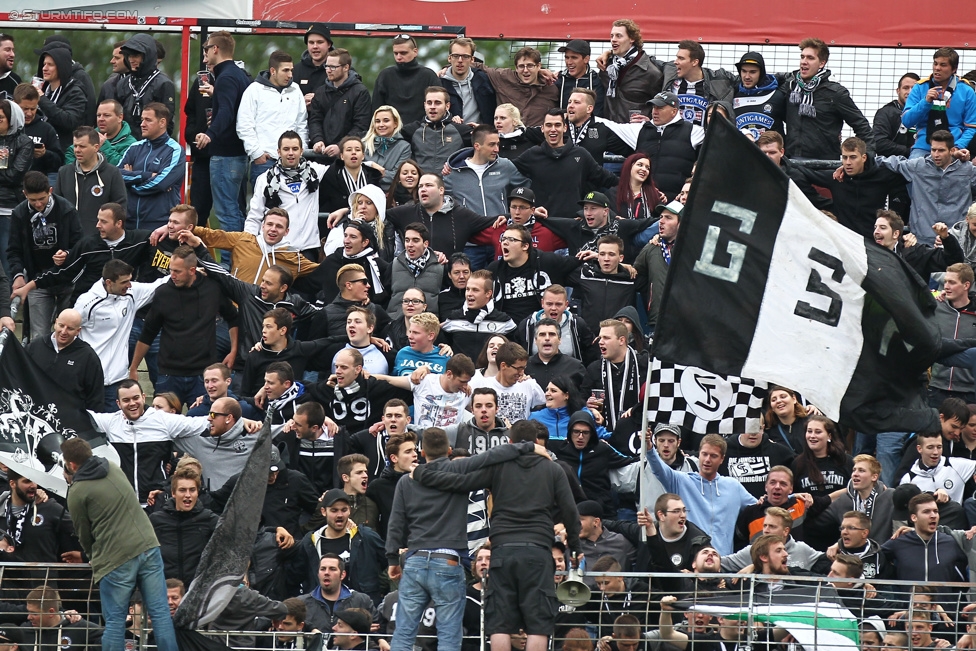 Admira Wacker - Sturm Graz
Oesterreichische Fussball Bundesliga, 35. Runde, FC Admira Wacker Moedling - SK Sturm Graz, Stadion Suedstadt Maria Enzersdorf, 24.05.2015. 

Foto zeigt Fans von Sturm
