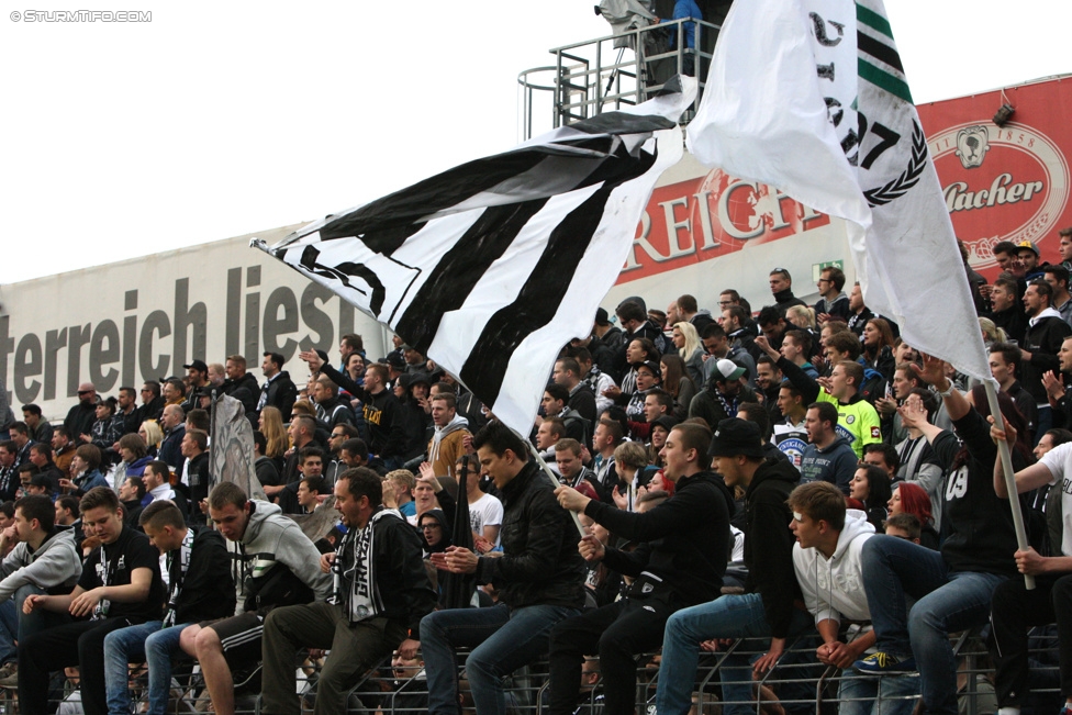 Admira Wacker - Sturm Graz
Oesterreichische Fussball Bundesliga, 35. Runde, FC Admira Wacker Moedling - SK Sturm Graz, Stadion Suedstadt Maria Enzersdorf, 24.05.2015. 

Foto zeigt Fans von Sturm
