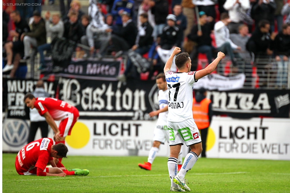 Admira Wacker - Sturm Graz
Oesterreichische Fussball Bundesliga, 35. Runde, FC Admira Wacker Moedling - SK Sturm Graz, Stadion Suedstadt Maria Enzersdorf, 24.05.2015. 

Foto zeigt Donisi Avdijaj (Sturm)
Schlüsselwörter: jubel