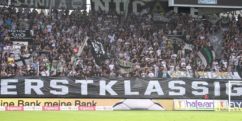 Sturm Graz - Admira Wacker
Oesterreichische Fussball Bundesliga, 1. Runde, SK Sturm Graz - FC Admira Wacker Moedling, Stadion Liebenau Graz, 25.07.2015. 

Foto zeigt Fans von Sturm mit einem Spruchband
