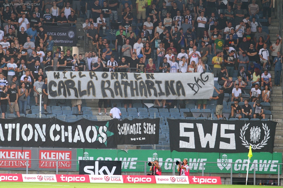 Sturm Graz - Admira Wacker
Oesterreichische Fussball Bundesliga, 1. Runde, SK Sturm Graz - FC Admira Wacker Moedling, Stadion Liebenau Graz, 25.07.2015. 

Foto zeigt Fans von Sturm mit einem Spruchband
