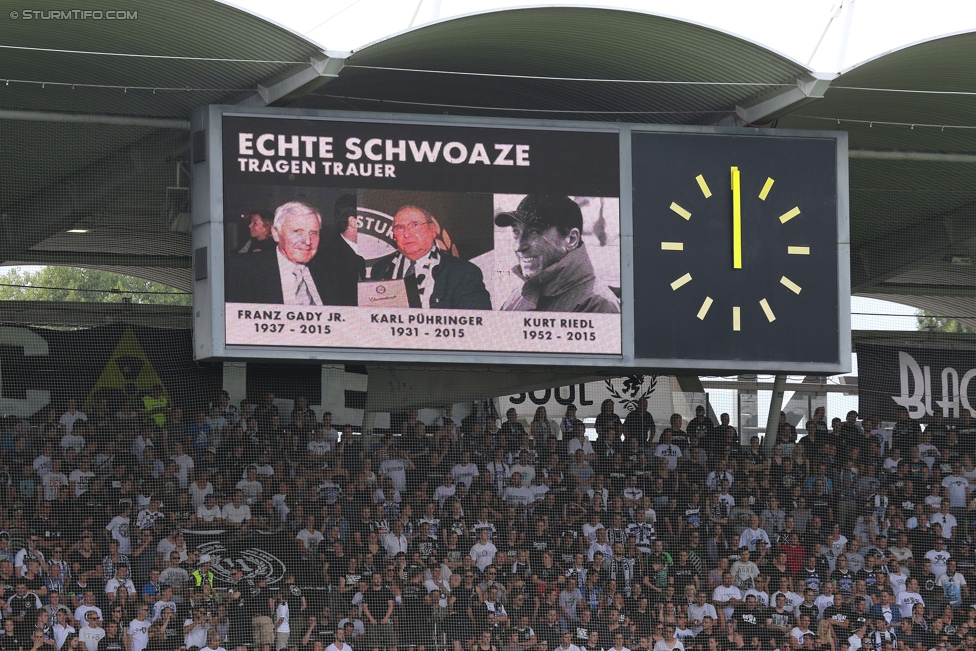 Sturm Graz - Admira Wacker
Oesterreichische Fussball Bundesliga, 1. Runde, SK Sturm Graz - FC Admira Wacker Moedling, Stadion Liebenau Graz, 25.07.2015. 

Foto zeigt die Anzeigetafel bei einer Trauerminute
