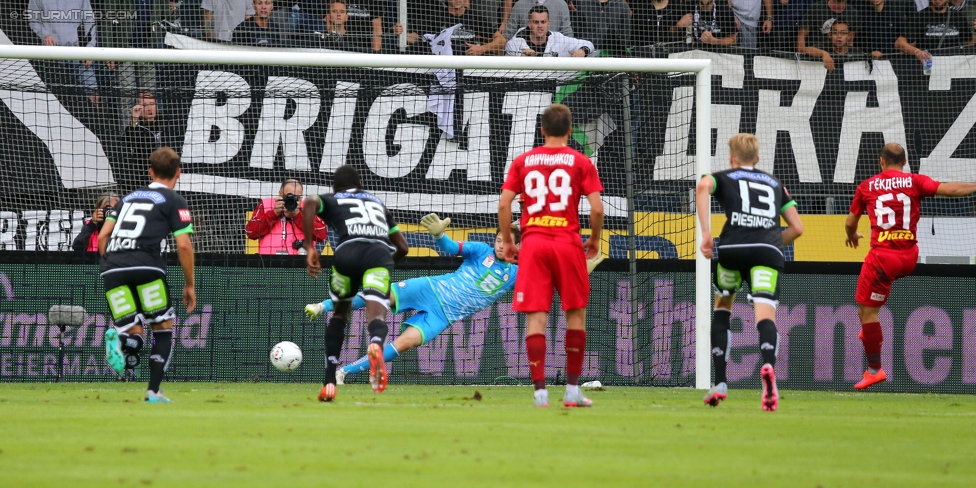 Sturm Graz - Rubin Kasan
UEFA Europa League Qualifikation 3. Runde, SK Sturm Graz -  FK Rubin Kasan, Stadion Liebenau Graz, 30.07.2015. 

Foto zeigt Michael Madl (Sturm), Masakuba-Wilson Kamavuaka (Sturm), Michael Esser (Sturm), Maksim Kannunikov (Kasan), Simon Piesinger (Sturm) und Gokdeniz Karadeniz (Kasan)
Schlüsselwörter: elfmeter tor