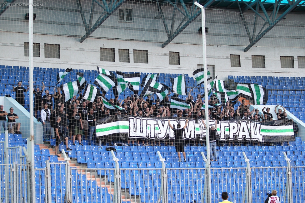 Rubin Kasan - Sturm Graz
UEFA Europa League Qualifikation 3. Runde, FK Rubin Kasan - SK Sturm Graz, Zentralstadion Kasan, 06.08.2015. 

Foto zeigt Fans von Sturm mit einer Choreografie
