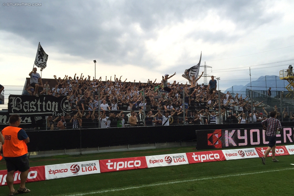 Altach - Sturm Graz
Oesterreichische Fussball Bundesliga, 3. Runde, SC Rheindorf Altach - SK Sturm Graz, Stadion Schnabelholz Altach, 09.08.2015. 

Foto zeigt Fans von Sturm
