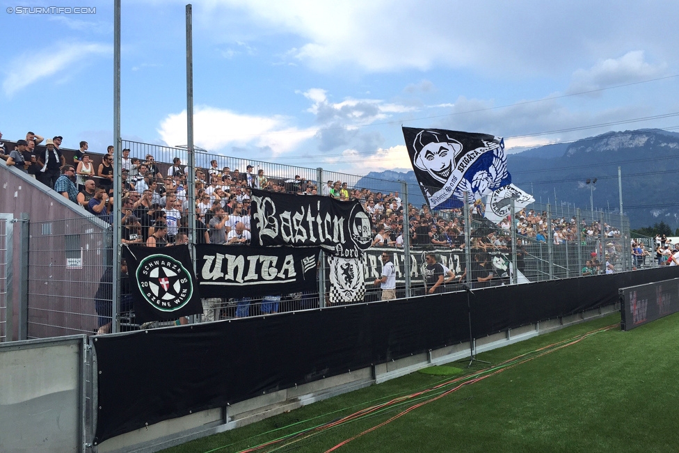 Altach - Sturm Graz
Oesterreichische Fussball Bundesliga, 3. Runde, SC Rheindorf Altach - SK Sturm Graz, Stadion Schnabelholz Altach, 09.08.2015. 

Foto zeigt Fans von Sturm
