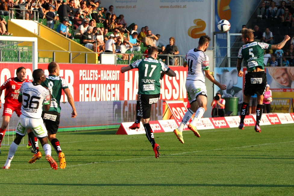 Ried - Sturm Graz
Oesterreichische Fussball Bundesliga, 6. Runde, SV Ried - SK Sturm Graz, Arena Ried, 22.08.2015. 

Foto zeigt Thomas Gebauer (Ried). Masakuba-Wilson Kamavuaka (Sturm), Gernot Trauner (Ried), Petar Filipovic (Ried), Josip Tadic (Sturm) und Bernhard Janeczek (Ried)
Schlüsselwörter: kopfball