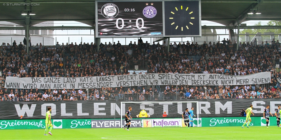 Sturm Graz - Austria Wien
Oesterreichische Fussball Bundesliga, 9. Runde, SK Sturm Graz - FK Austria Wien, Stadion Liebenau Graz, 19.09.2015. 

Foto zeigt Fans von Sturm mit einem Spruchband
Schlüsselwörter: protest