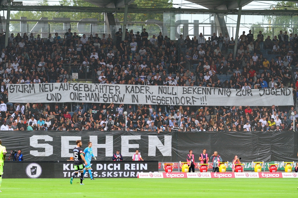 Sturm Graz - Austria Wien
Oesterreichische Fussball Bundesliga, 9. Runde, SK Sturm Graz - FK Austria Wien, Stadion Liebenau Graz, 19.09.2015. 

Foto zeigt Fans von Sturm mit einem Spruchband
Schlüsselwörter: protest