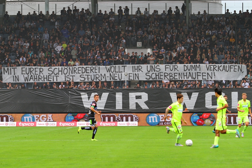 Sturm Graz - Austria Wien
Oesterreichische Fussball Bundesliga, 9. Runde, SK Sturm Graz - FK Austria Wien, Stadion Liebenau Graz, 19.09.2015. 

Foto zeigt Fans von Sturm mit einem Spruchband
Schlüsselwörter: protest