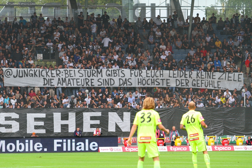 Sturm Graz - Austria Wien
Oesterreichische Fussball Bundesliga, 9. Runde, SK Sturm Graz - FK Austria Wien, Stadion Liebenau Graz, 19.09.2015. 

Foto zeigt Fans von Sturm mit einem Spruchband
Schlüsselwörter: protest