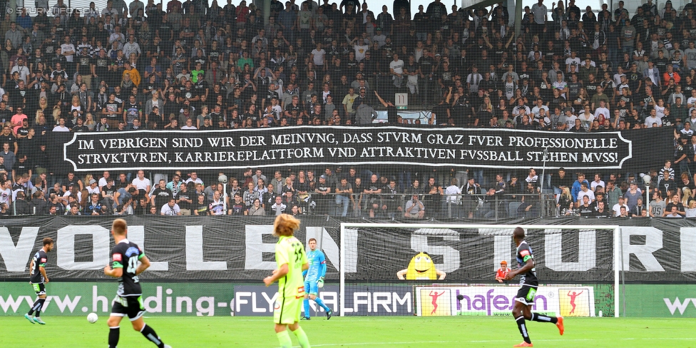 Sturm Graz - Austria Wien
Oesterreichische Fussball Bundesliga, 9. Runde, SK Sturm Graz - FK Austria Wien, Stadion Liebenau Graz, 19.09.2015. 

Foto zeigt Fans von Sturm mit einem Spruchband
Schlüsselwörter: protest