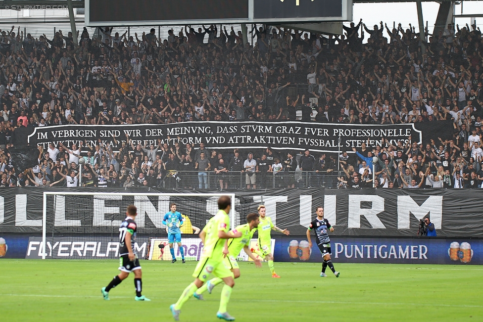 Sturm Graz - Austria Wien
Oesterreichische Fussball Bundesliga, 9. Runde, SK Sturm Graz - FK Austria Wien, Stadion Liebenau Graz, 19.09.2015. 

Foto zeigt Fans von Sturm mit einem Spruchband
Schlüsselwörter: protest