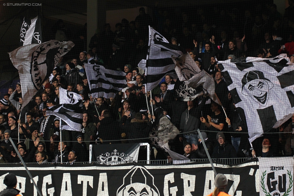 Austria Wien - Sturm Graz
Oesterreichische Fussball Bundesliga, 18. Runde, FK Austria Wien - SK Sturm Graz, Franz-Horr-Stadion Wien, 02.12.2015. 

Foto zeigt Fans von Sturm
