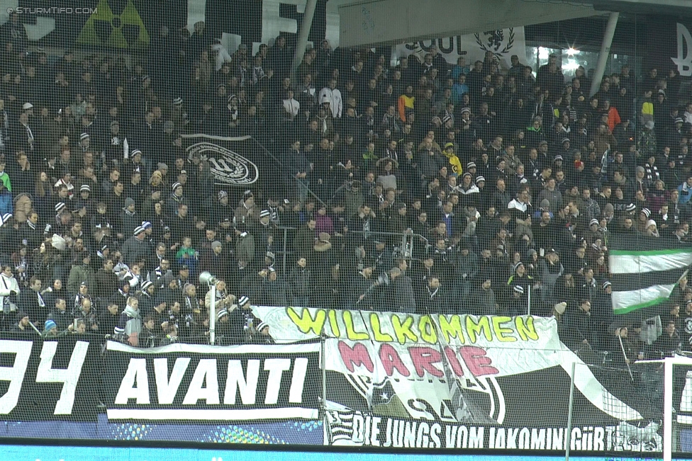 Sturm Graz -Salzburg
OEFB Cup, Viertelfinale, SK Sturm Graz - FC RB Salzburg, Stadion Liebenau Graz, 10.02.2016. 

Foto zeigt Fans von Sturm mit einem Spruchband
