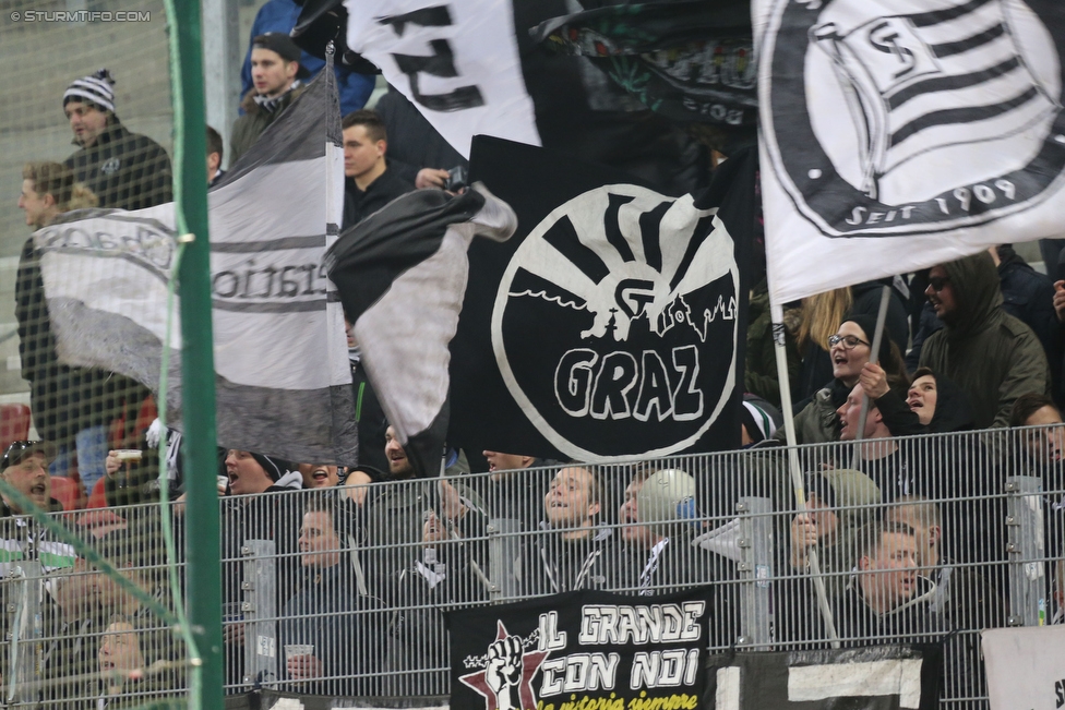 Wolfsberg - Sturm Graz
Oesterreichische Fussball Bundesliga, 22. Runde, Wolfsberger AC - SK Sturm Graz, Woerthersee Stadion Klagenfurt, 13.02.2016. 

Foto zeigt Fans von Sturm
