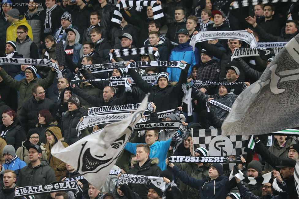 Wolfsberg - Sturm Graz
Oesterreichische Fussball Bundesliga, 22. Runde, Wolfsberger AC - SK Sturm Graz, Woerthersee Stadion Klagenfurt, 13.02.2016. 

Foto zeigt Fans von Sturm
