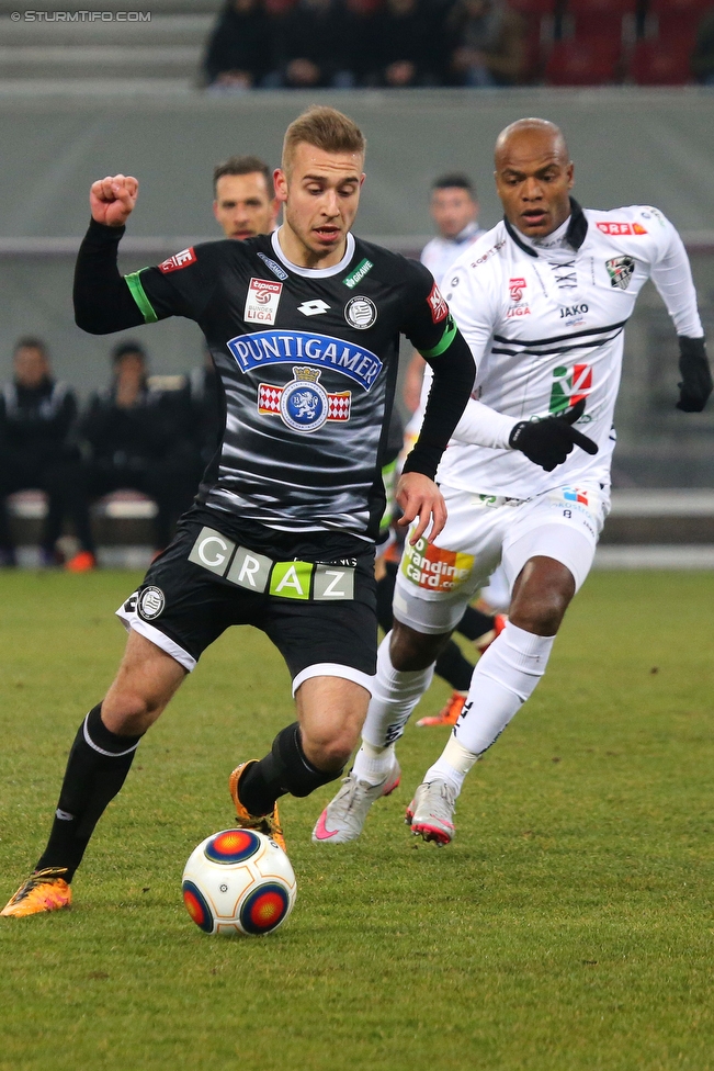 Wolfsberg - Sturm Graz
Oesterreichische Fussball Bundesliga, 22. Runde, Wolfsberger AC - SK Sturm Graz, Woerthersee Stadion Klagenfurt, 13.02.2016. 

Foto zeigt Sandi Lovric (Sturm) und Silvio Carlos De Oliveira (Wolfsberg)
