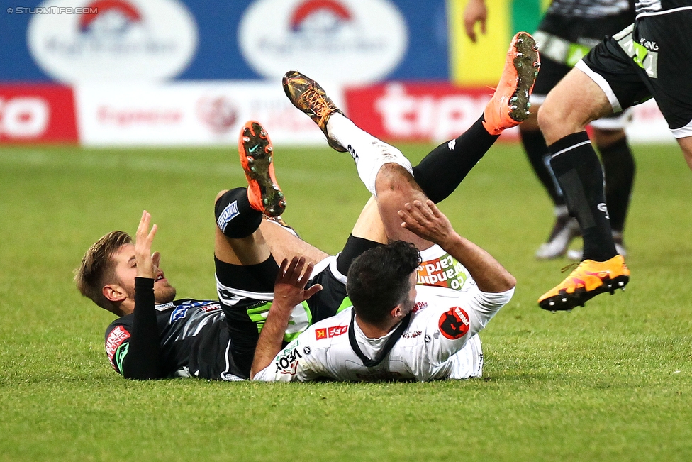 Wolfsberg - Sturm Graz
Oesterreichische Fussball Bundesliga, 22. Runde, Wolfsberger AC - SK Sturm Graz, Woerthersee Stadion Klagenfurt, 13.02.2016. 

Foto zeigt Thorsten Schick (Sturm) und Ibrahim Bingoel (Wolfsberg)
