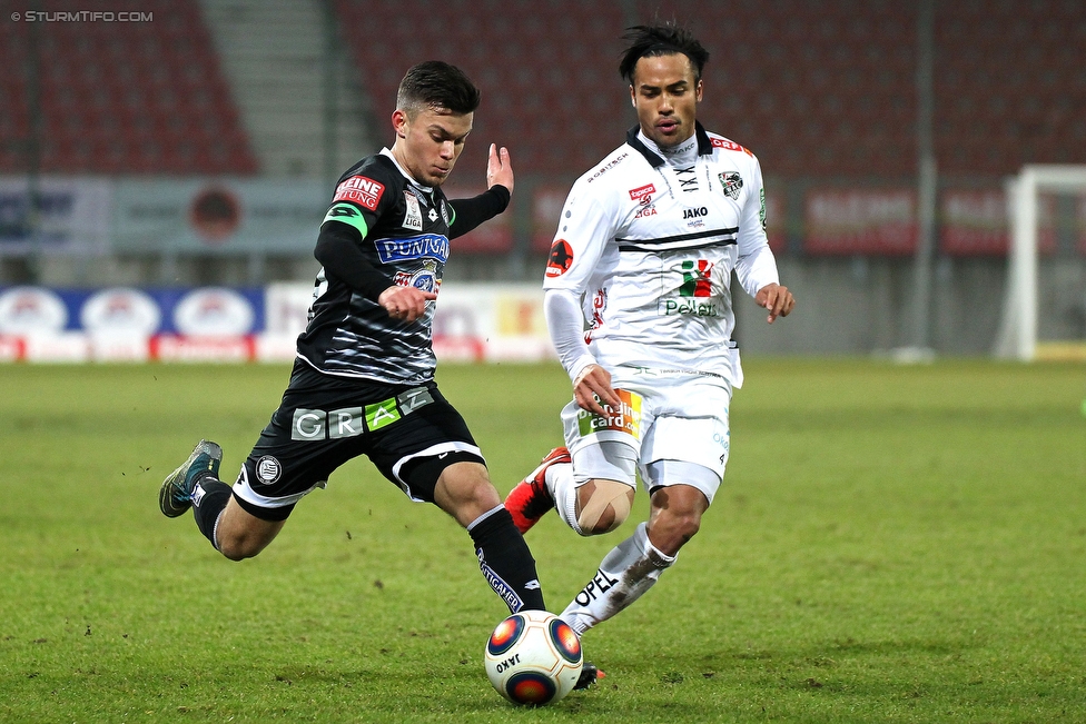 Wolfsberg - Sturm Graz
Oesterreichische Fussball Bundesliga, 22. Runde, Wolfsberger AC - SK Sturm Graz, Woerthersee Stadion Klagenfurt, 13.02.2016. 

Foto zeigt Sascha Horvath (Sturm) und Stephan Palla (Wolfsberg)
