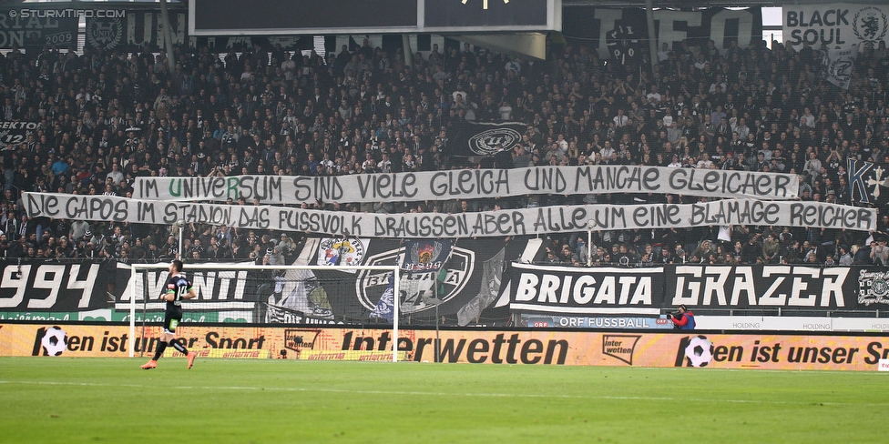 Sturm Graz - Rapid Wien
Oesterreichische Fussball Bundesliga, 23 Runde, SK Sturm Graz - SK Rapid Wien, Stadion Liebenau Graz, 21.02.2016. 

Foto zeigt Fans von Sturm mit einem Spruchband
