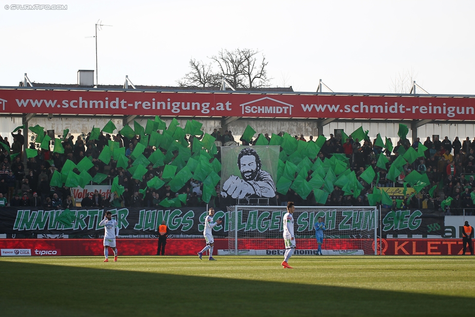 Ried - Sturm Graz
Oesterreichische Fussball Bundesliga, 24. Runde, SV Ried - SK Sturm Graz, Arena Ried, 27.02.2016. 

Foto zeigt Fans von Ried mit einer Choreografie
