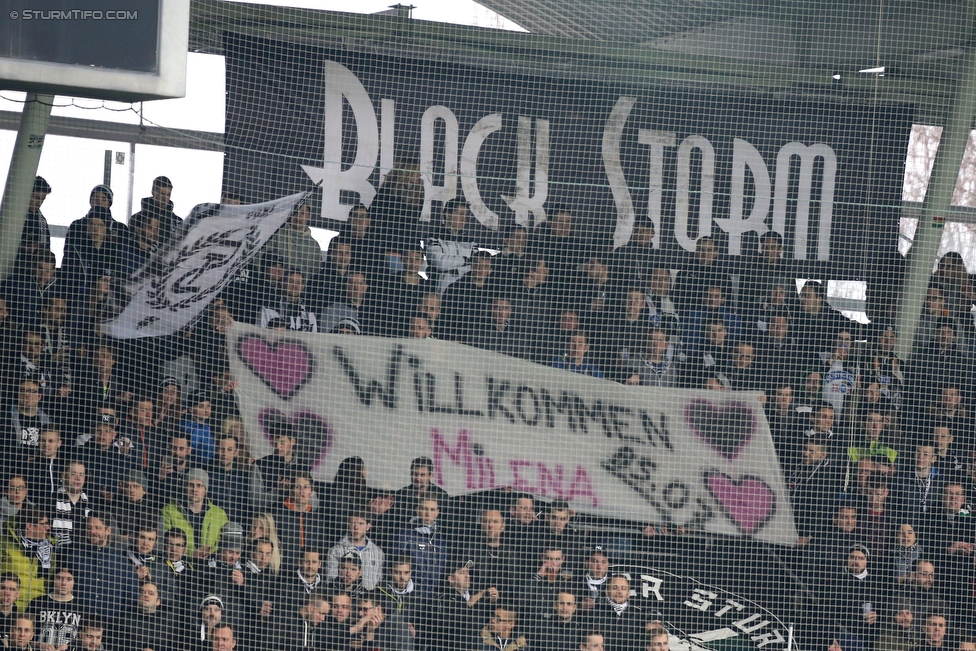 Sturm Graz - Austria Wien
Oesterreichische Fussball Bundesliga, 27. Runde, SK Sturm Graz - FK Austria Wien, Stadion Liebenau Graz, 13.03.2016. 

Foto zeigt Fans von Sturm mit einem Spruchband
