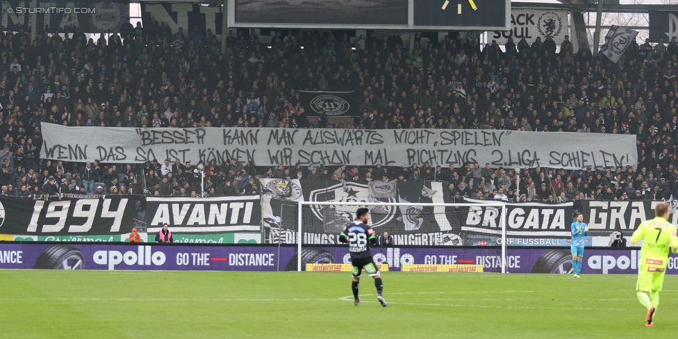 Sturm Graz - Austria Wien
Oesterreichische Fussball Bundesliga, 27. Runde, SK Sturm Graz - FK Austria Wien, Stadion Liebenau Graz, 13.03.2016. 

Foto zeigt Fans von Sturm mit einem Spruchband
Schlüsselwörter: protest