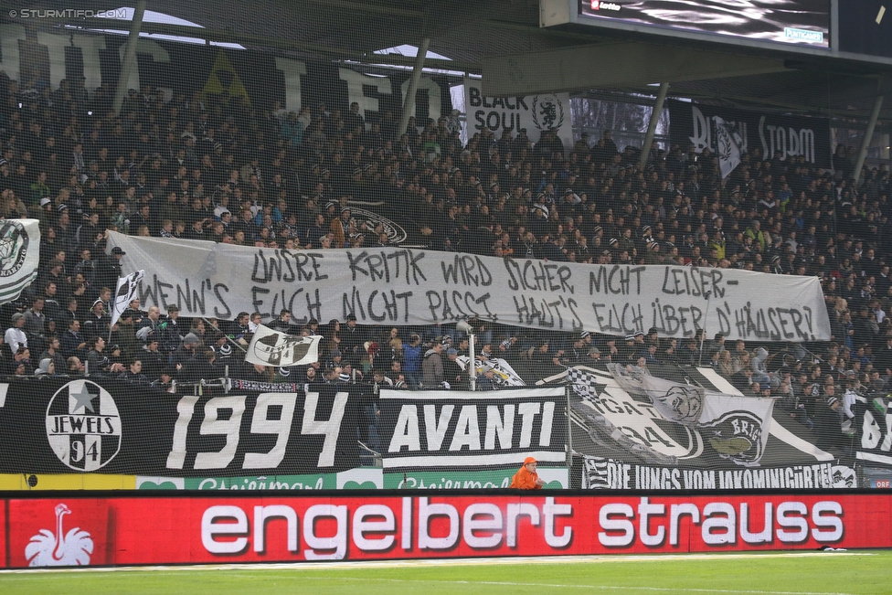 Sturm Graz - Austria Wien
Oesterreichische Fussball Bundesliga, 27. Runde, SK Sturm Graz - FK Austria Wien, Stadion Liebenau Graz, 13.03.2016. 

Foto zeigt Fans von Sturm mit einem Spruchband
Schlüsselwörter: protest