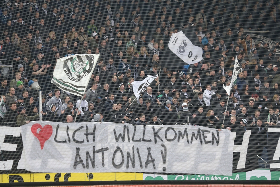 Sturm Graz - Austria Wien
Oesterreichische Fussball Bundesliga, 27. Runde, SK Sturm Graz - FK Austria Wien, Stadion Liebenau Graz, 13.03.2016. 

Foto zeigt Fans von Sturm mit einem Spruchband
