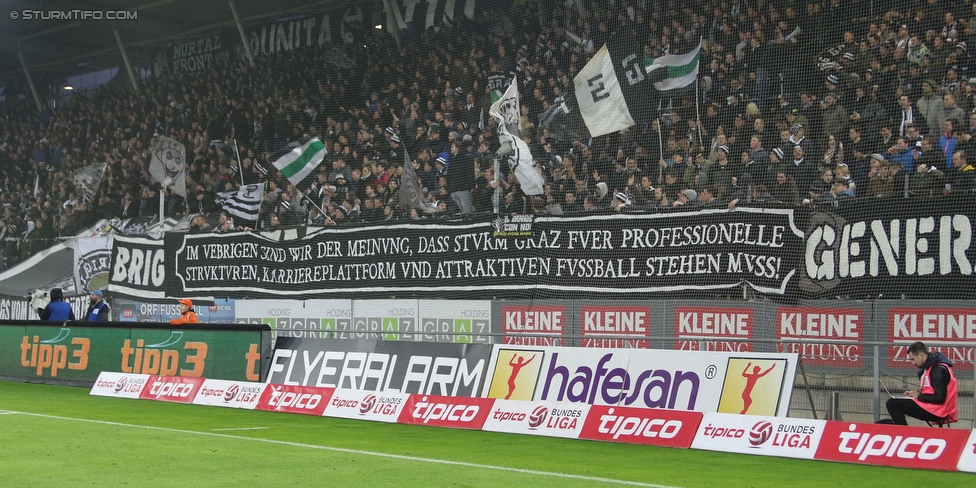 Sturm Graz - Austria Wien
Oesterreichische Fussball Bundesliga, 27. Runde, SK Sturm Graz - FK Austria Wien, Stadion Liebenau Graz, 13.03.2016. 

Foto zeigt Fans von Sturm mit einem Spruchband
Schlüsselwörter: protest