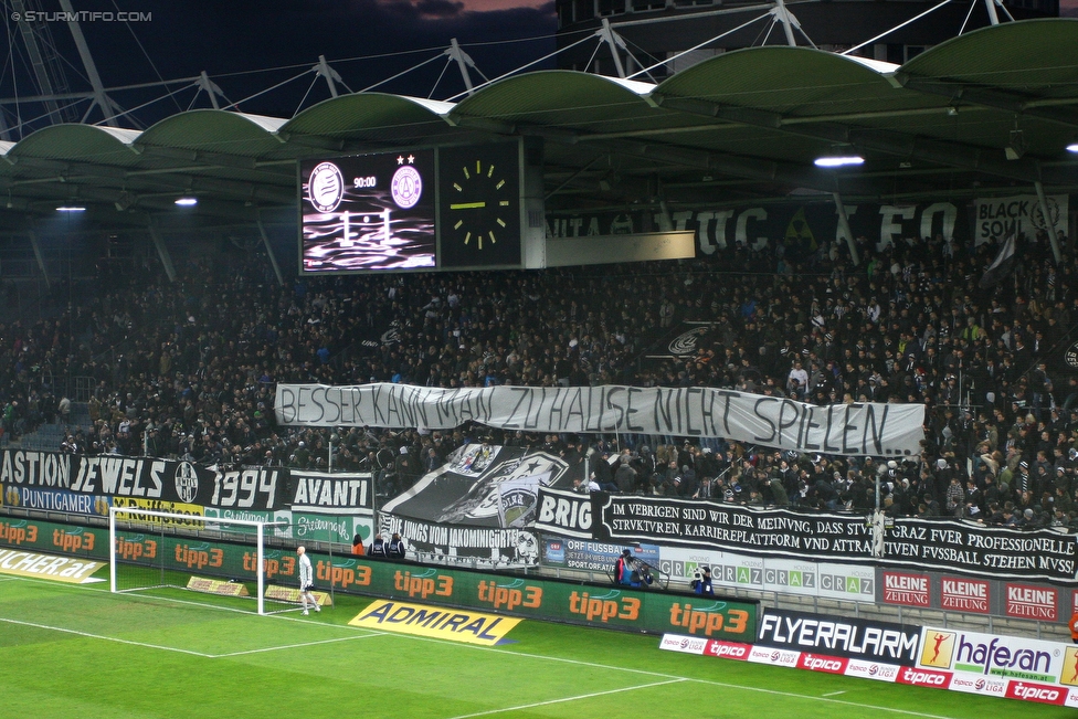 Sturm Graz - Austria Wien
Oesterreichische Fussball Bundesliga, 27. Runde, SK Sturm Graz - FK Austria Wien, Stadion Liebenau Graz, 13.03.2016. 

Foto zeigt Fans von Sturm mit einem Spruchband
Schlüsselwörter: protest