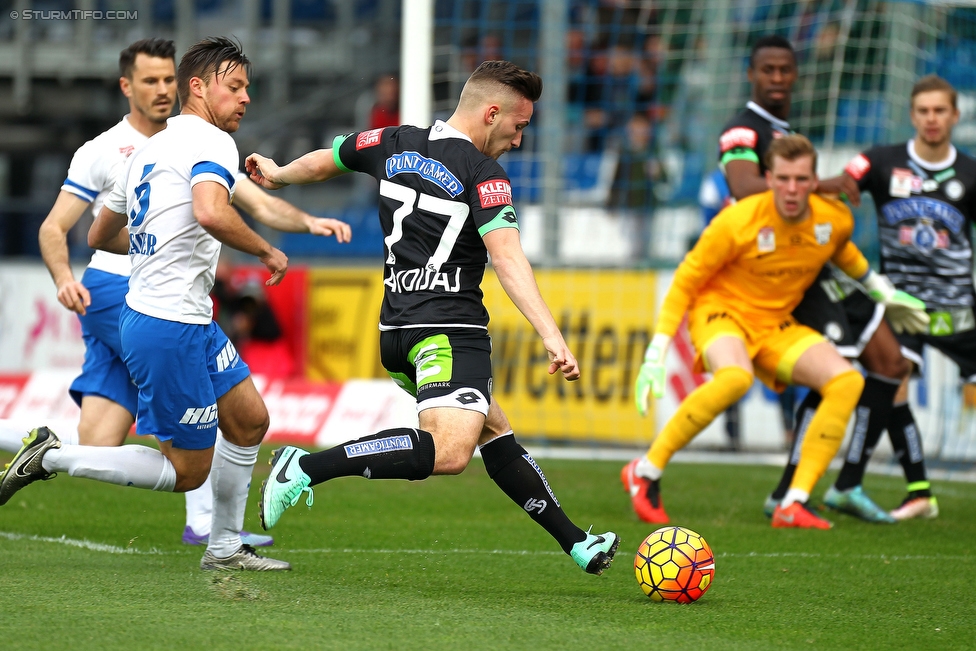 Groedig - Sturm Graz
Oesterreichische Fussball Bundesliga, 29. Runde, SV Groedig - SK Sturm Graz, Untersbergarena Groedig, 02.04.2016. 

Foto zeigt Timo Brauer (Groedig), Donisi Avdijaj (Sturm) und Rene Swete (Groedig)
