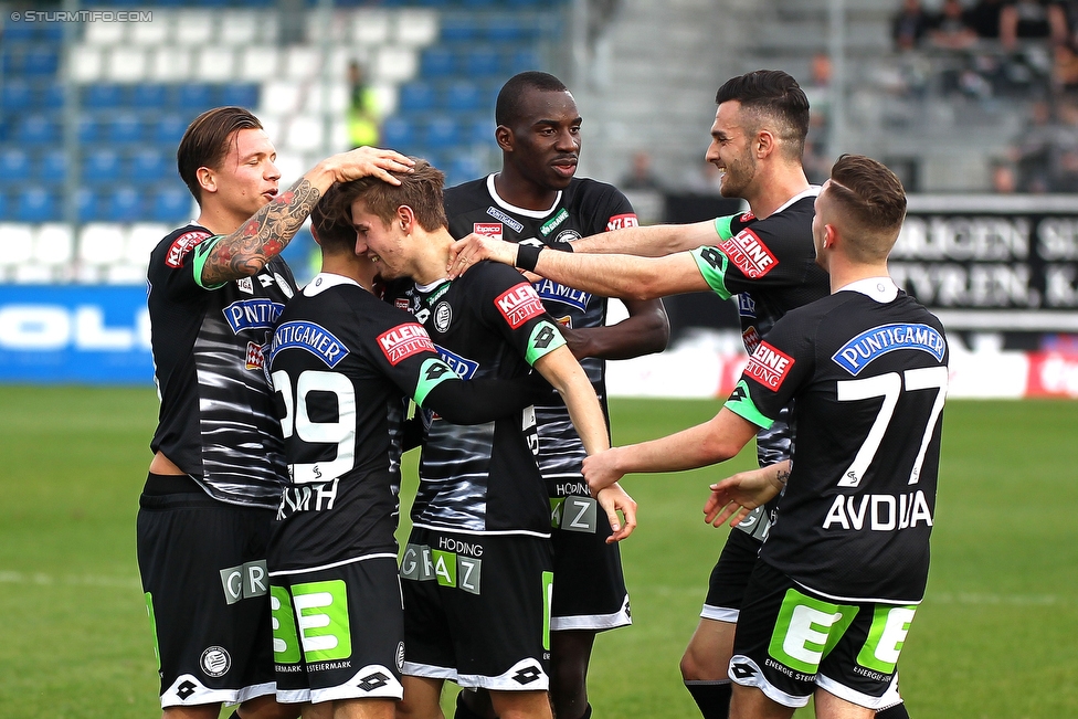 Groedig - Sturm Graz
Oesterreichische Fussball Bundesliga, 29. Runde, SV Groedig - SK Sturm Graz, Untersbergarena Groedig, 02.04.2016. 

Foto zeigt Marko Stankovic (Sturm), Sascha Horvath (Sturm), Andreas Gruber (Sturm), Masakuba-Wilson Kamavuaka (Sturm), Charalampos Lykogiannis (Sturm) und Donisi Avdijaj (Sturm)
Schlüsselwörter: torjubel