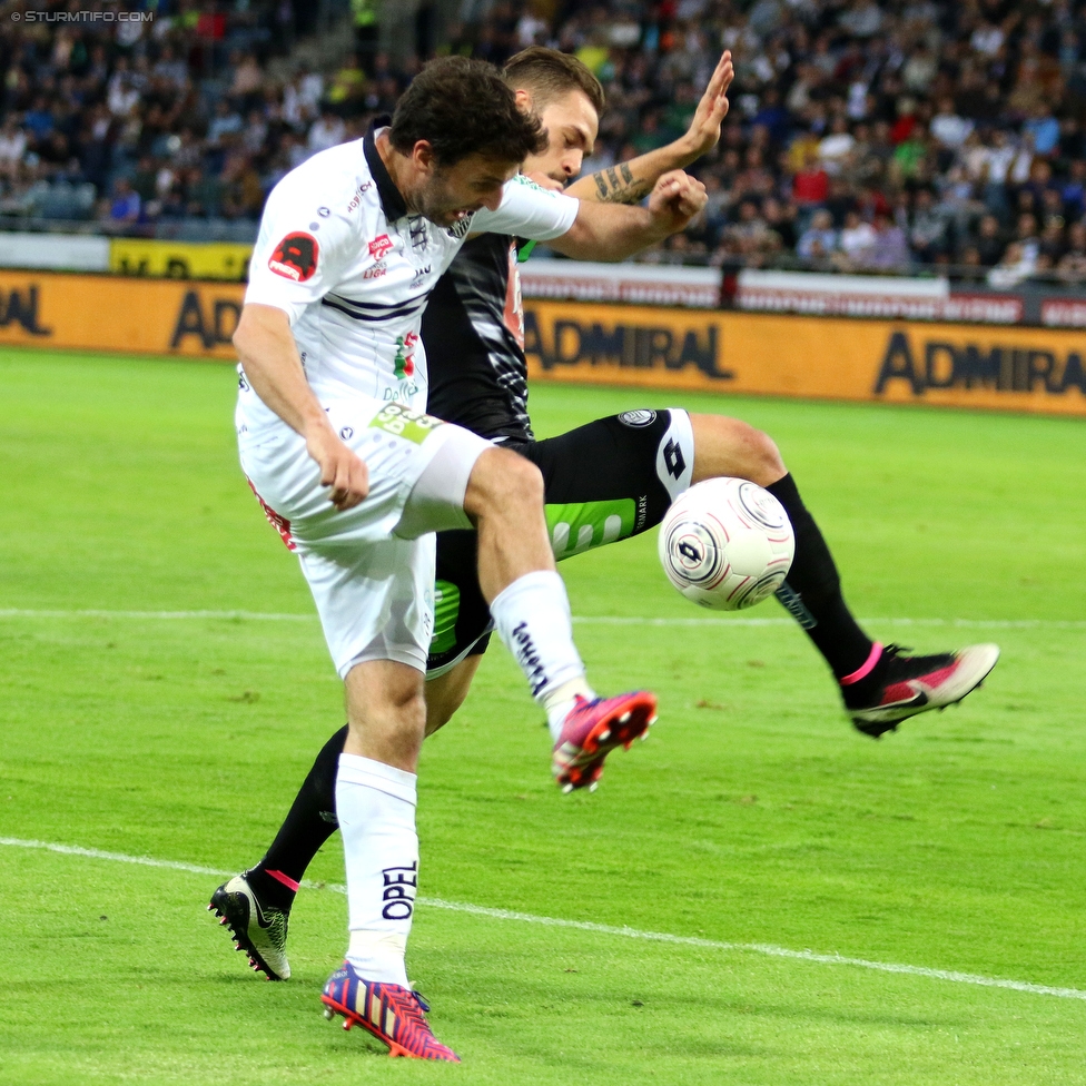 Sturm Graz - Wolfsberg
Oesterreichische Fussball Bundesliga, 31. Runde, SK Sturm Graz - Wolfsberger AC, Stadion Liebenau Graz, 16.04.2016. 

Foto zeigt Joachim Standfest (Wolfsberg) und Lukas Spendlhofer (Sturm)
