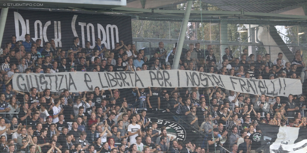 Sturm Graz - Wolfsberg
Oesterreichische Fussball Bundesliga, 9. Runde, SK Sturm Graz - Wolfsberger AC, Stadion Liebenau Graz, 24.09.2016. 

Foto zeigt Fans von Sturm mit einem Spruchband
