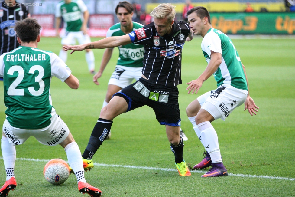 Sturm Graz - Mattersburg
Oesterreichische Fussball Bundesliga, 12. Runde, SK Sturm Graz - SV Mattersburg, Stadion Liebenau Graz, 22.10.2016. 

Foto zeigt Julias Ertlthaler (Mattersburg) und James Jeggo (Sturm)
