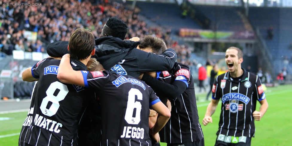 Sturm Graz - Mattersburg
Oesterreichische Fussball Bundesliga, 12. Runde, SK Sturm Graz - SV Mattersburg, Stadion Liebenau Graz, 22.10.2016. 

Foto zeigt Uros Matic (Sturm), James Jeggo (Sturm), Osagie Bright Edomwonyi (Sturm) und Fabian Koch (Sturm)
Schlüsselwörter: torjubel