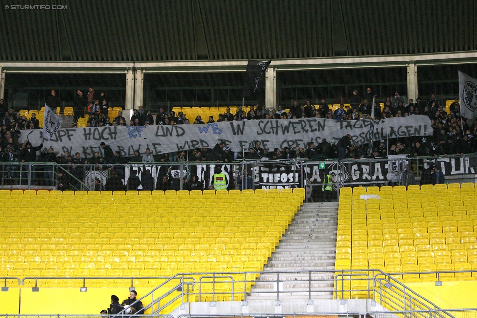 Austria Wien - Sturm Graz
Oesterreichische Fussball Bundesliga, 13. Runde, FK Austria Wien - SK Sturm Graz, Ernst Happel Stadion Wien, 30.10.2016. 

Foto zeigt Fans von Sturm mit einem Spruchband
Schlüsselwörter: protest